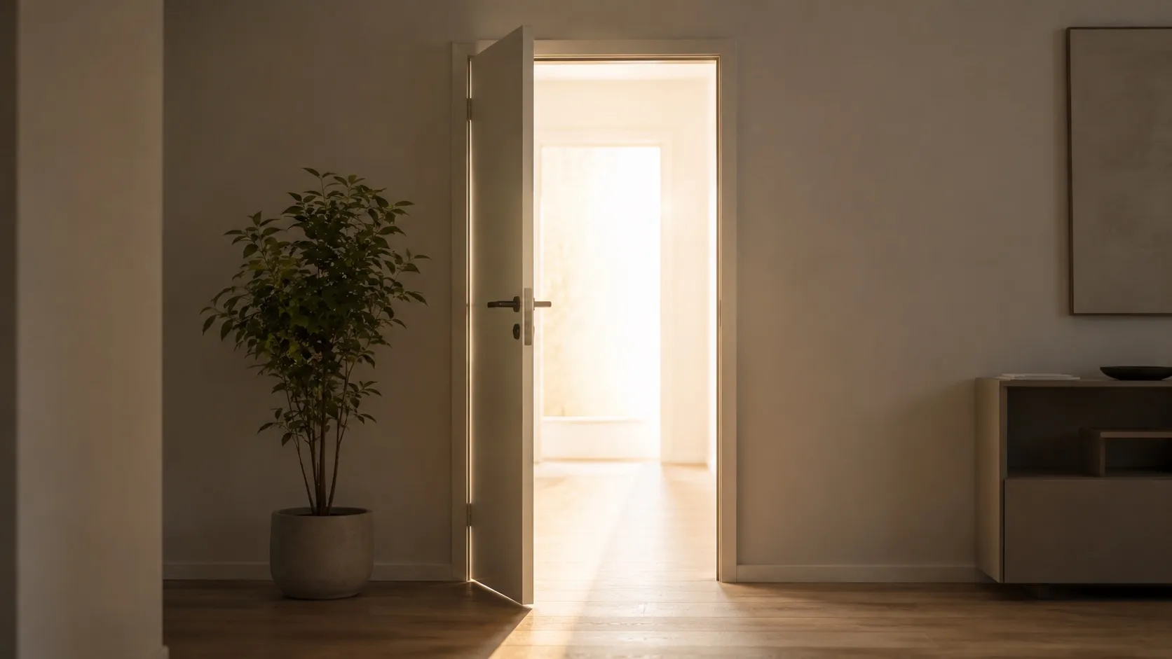 Klidný minimalistický interiér s pootevřenými dveřmi, kterými dovnitř proudí jasné teplé světlo, u dveří stojí pokojová rostlina. Místnost je prázdná a působí, jako by právě někdo odešel. Motiv symbolizuje, proč lidé weby opouštějí.