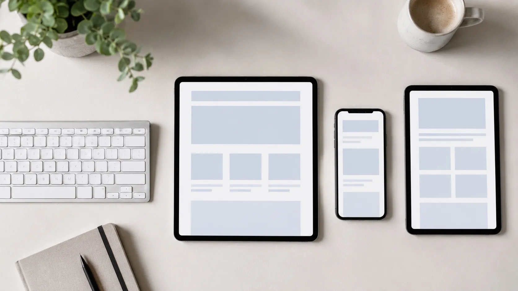 Pohled shora na tři různá zařízení vedle sebe, tablet, telefon a další tablet, každé s odlišným čistým abstraktním rozvržením z geometrických bloků bez čitelného textu. Okolo leží klávesnice, zápisník a šálek kávy. Kompozice připomíná rozdíl mezi homepage, landing page a mikrostránkou.