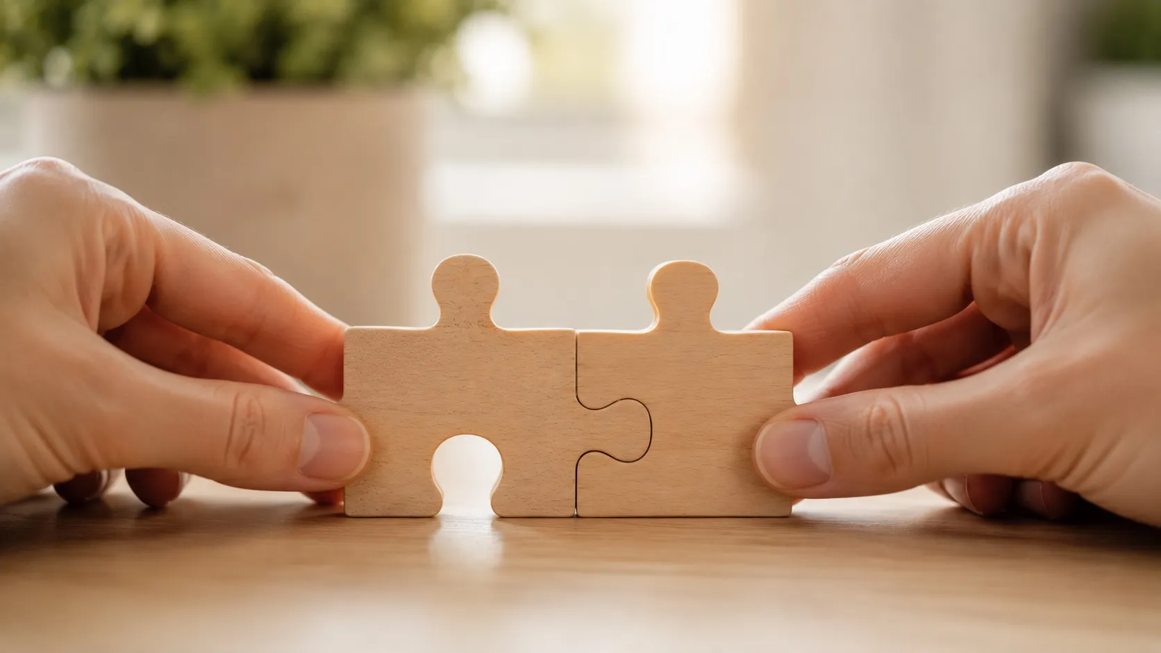 Detail dvou rukou, které k sobě skládají dva hladké dřevěné dílky puzzle přesně do sebe zapadající na světlém stole. Teplé denní světlo a rozostřená rostlina v pozadí. Motiv symbolizuje soulad, kdy obsah landing page odpovídá reklamě.
