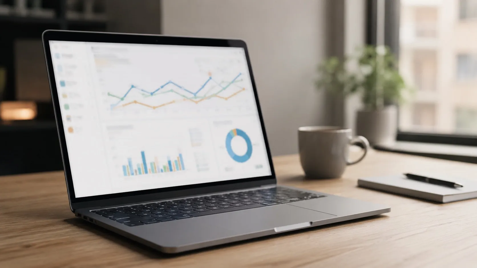 Otevřený notebook na světlém pracovním stole u okna zobrazuje rozostřený analytický přehled se softně neostrými spojnicovými grafy a barevnými sloupci. Vedle notebooku stojí šálek kávy a leží zápisník. Scéna ilustruje měření pozic webu ve vyhledávačích.