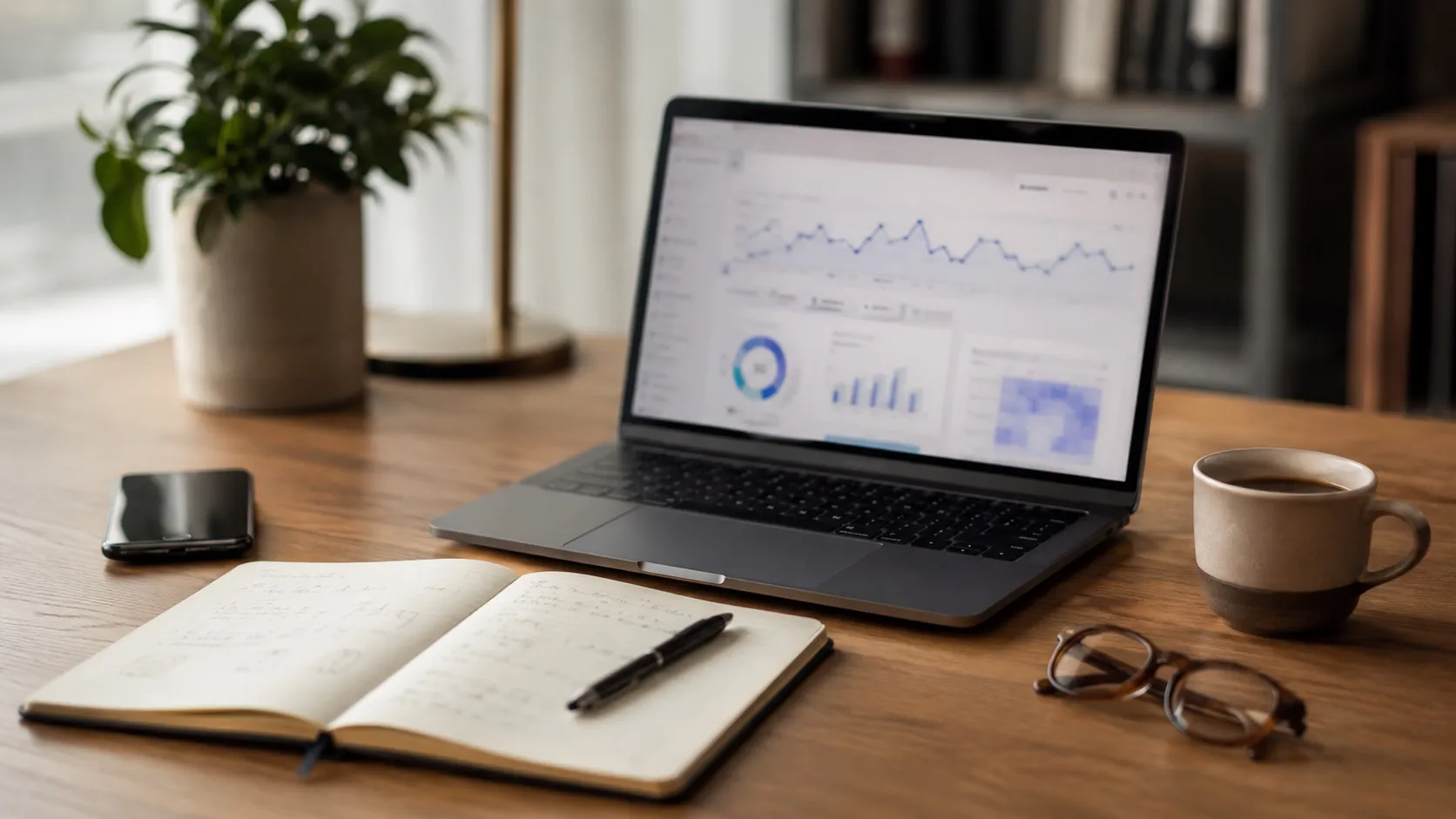Uklizené moderní pracoviště digitálního marketingu s otevřeným notebookem s rozostřeným přehledem, zápisníkem s ručně psanými poznámkami, telefonem, šálkem kávy a brýlemi na dřevěném stole. Dopadá měkké denní světlo, vše působí klidně a uspořádaně. Snímek ilustruje práci v oblasti search engine marketingu.