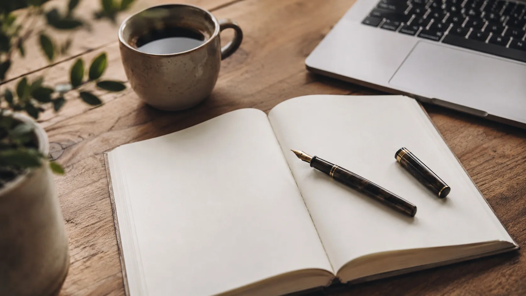 Útulné pracoviště na psaní na dřevěném stole s elegantním plnicím perem položeným na otevřeném prázdném zápisníku, vedle je klávesnice notebooku, šálek kávy a rostlina. Dopadá měkké denní světlo. Snímek ilustruje řemeslo psaní, tedy SEO copywriting.