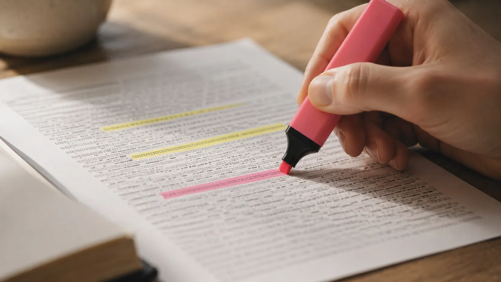 Detail ruky, která barevným zvýrazňovačem označuje několik řádků na vytištěné stránce plné rozostřeného abstraktního textu bez čitelných slov. Teplé denní světlo, hrot zvýrazňovače a stránka jsou v ostrém záběru. Motiv symbolizuje klíčová slova jako nástroj, ne modlu.