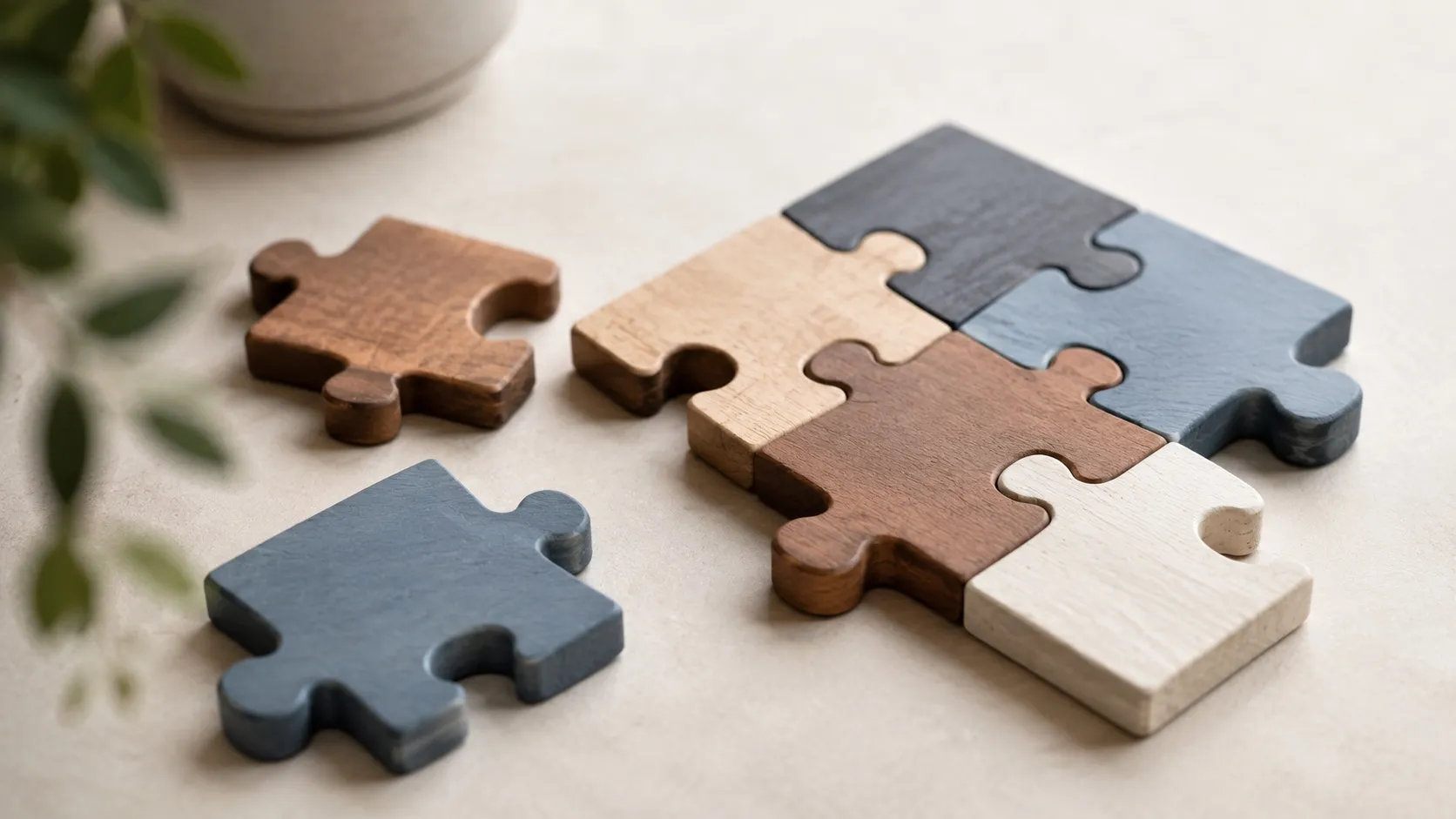 Detail několika dřevěných dílků puzzle v tlumených barvách, částečně poskládaných do sebe a několika ještě samostatných opodál na světlém stole. Teplé denní světlo, poskládané dílky jsou v ostrém záběru. Motiv symbolizuje součásti, které se skládají do celku SEO marketingu.