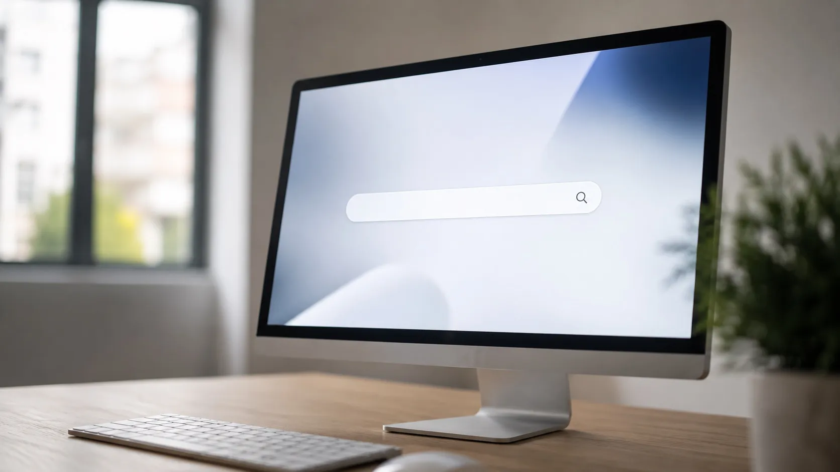 Moderní stolní monitor na minimalistickém pracovním stole zobrazuje čistý web s výrazným prázdným vyhledávacím polem uprostřed. Vedle leží klávesnice a pokojová rostlina, měkké denní světlo dopadá z okna. Snímek symbolizuje internetový vyhledávač a jeho vyhledávací pole.