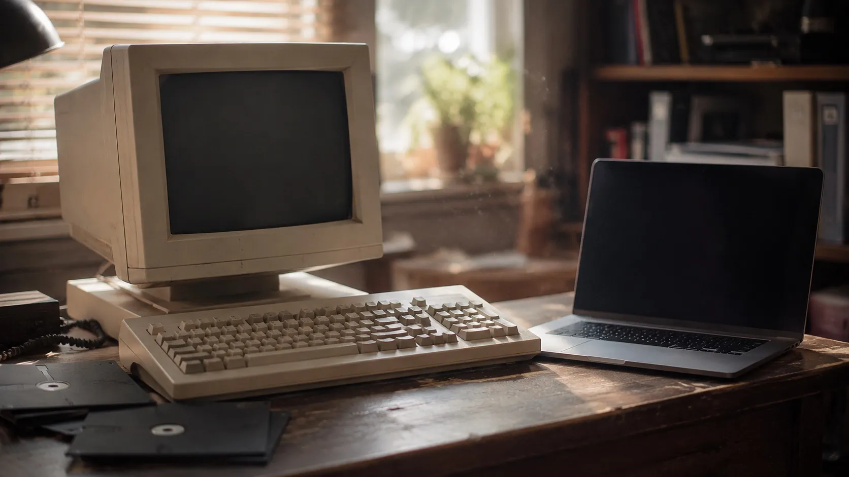 Zátiší na dřevěném stole ukazuje starý retro počítač s klávesnicí a několika disketami vedle moderního tenkého notebooku. Teplé denní světlo dopadá do místnosti s knihovnou v pozadí. Kompozice připomíná vývoj techniky a cestu k dnešním vyhledávačům.
