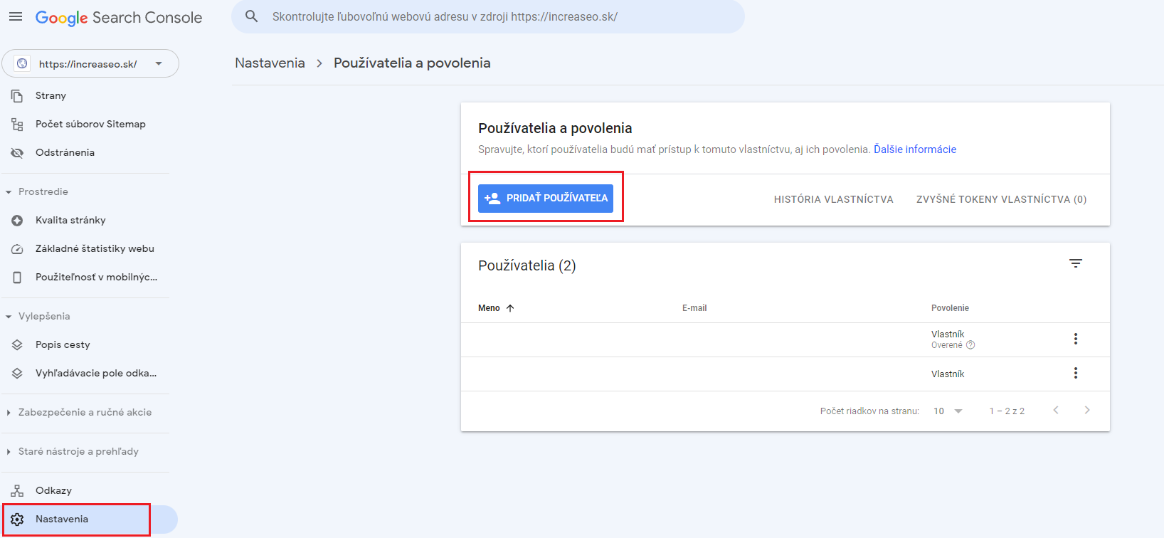 přidávání uživatele do účtu Google Search Console