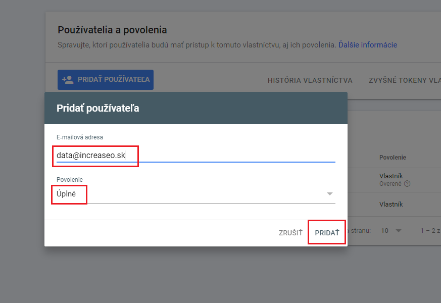 Přidělení oprávnění uživateli Google Search Console